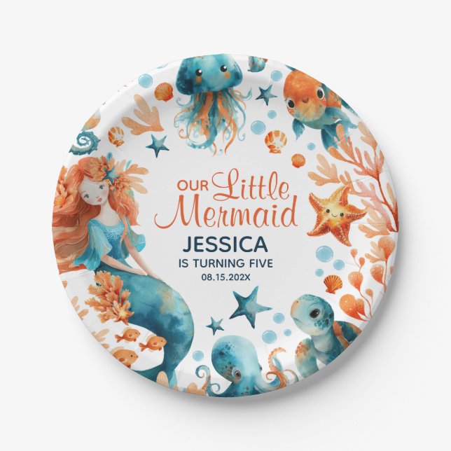 Mermaid Under The Sea Cartoon Girl Kids' Birthday  Paper Plates (Front)