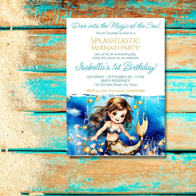 Mermaid under the sea cute girl birthday party invitation (Mermaid under the sea birthday party template invitation cute baby mermaid with sea shells gold fish)