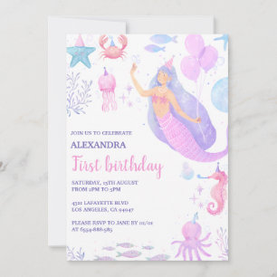 Mermaid Under the Sea Girl 1st Birthday Invitation