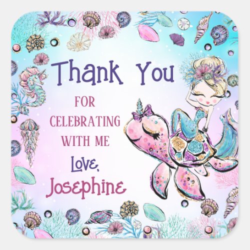 Mermaid Under the Sea Girl Birthday Thank You Gift Square Sticker