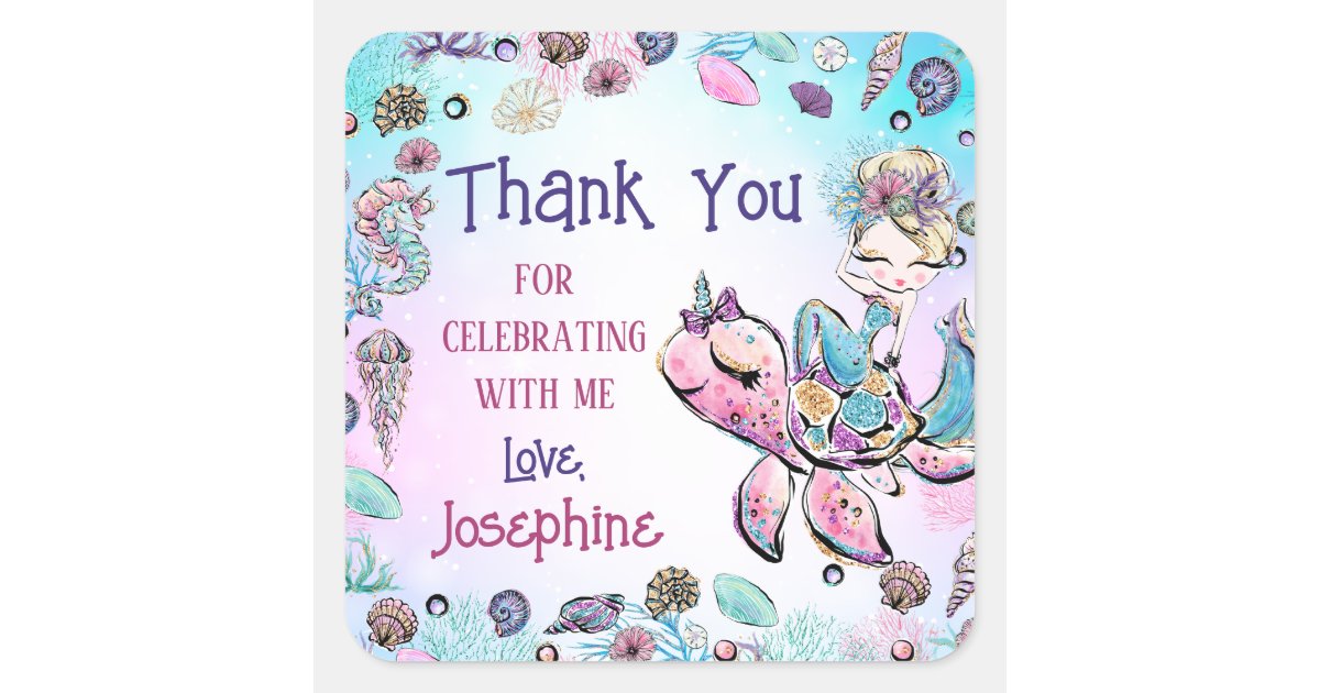 Mermaid Under the Sea Girl Birthday Thank You Gift Square Sticker | Zazzle