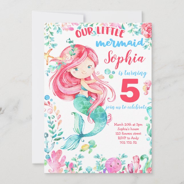 Mermaid Under the Sea Girl Ocean Summer Birthday Invitation (Front)