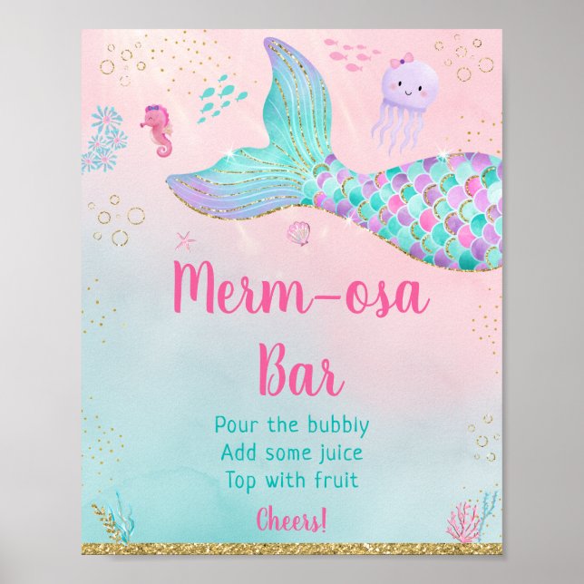 Mermaid Under The Sea Gold Baby Shower Mimosa Bar  Poster (Front)