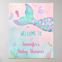 Mermaid Under The Sea Gold Baby Shower Welcome Poster