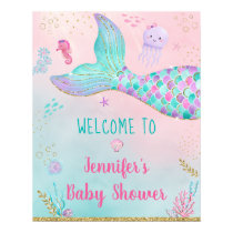 Mermaid Under The Sea Gold Baby Shower Welcome Poster