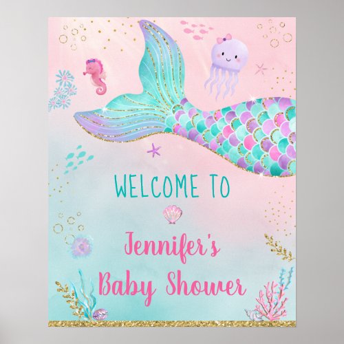 Mermaid Under The Sea Gold Baby Shower Welcome Poster