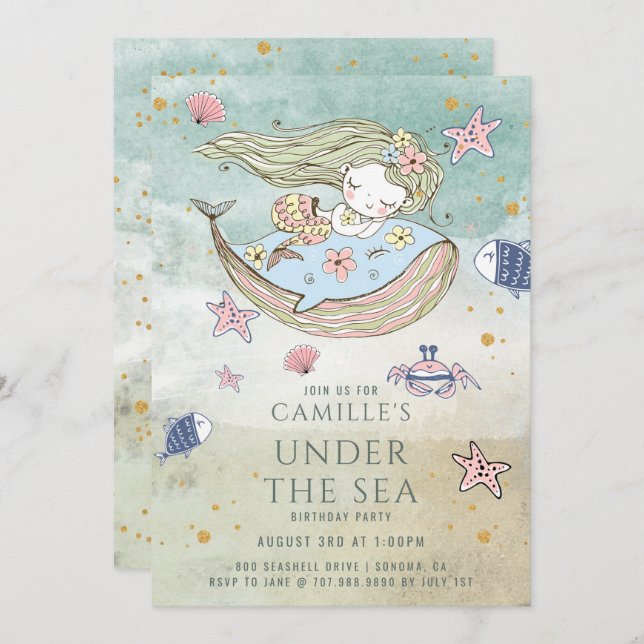 Mermaid Under The Sea Gold Glitter Birthday Party  Invitation (Front/Back)