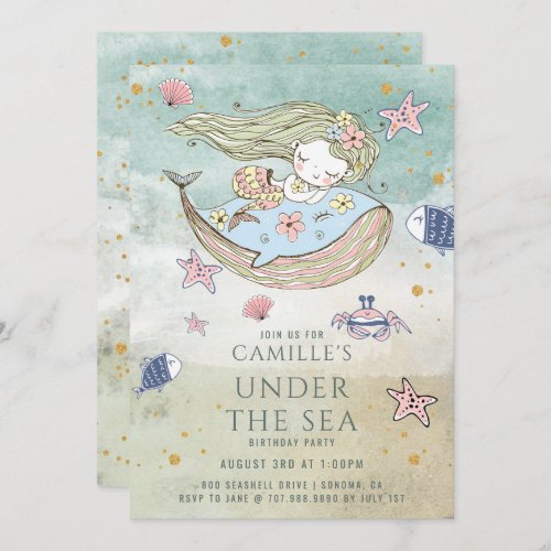 Mermaid Under The Sea Gold Glitter Birthday Party  Invitation