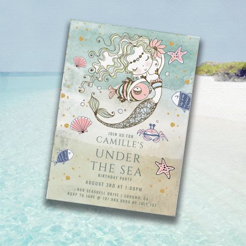 Mermaid Under The Sea Gold Glitter Birthday Party Invitation