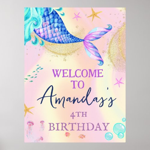 Mermaid Under the Sea Gold Glitter Birthday Party Poster