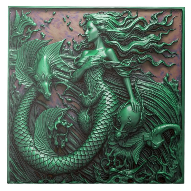 Mermaid Under The Sea Green 3D Effect Marine Ceramic Tile (Front)