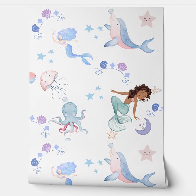 Mermaid under the sea kid's room wallpaper  (Unrolling)