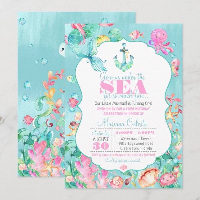 Mermaid Under the Sea Nautical First Birthday Invitation (Front/Back)