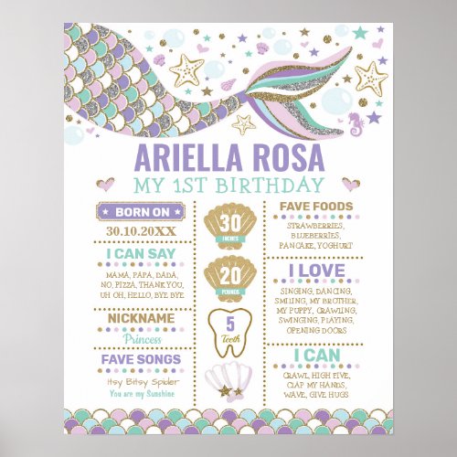 Mermaid Under the Sea Ocean 1st Birthday Milestone Poster