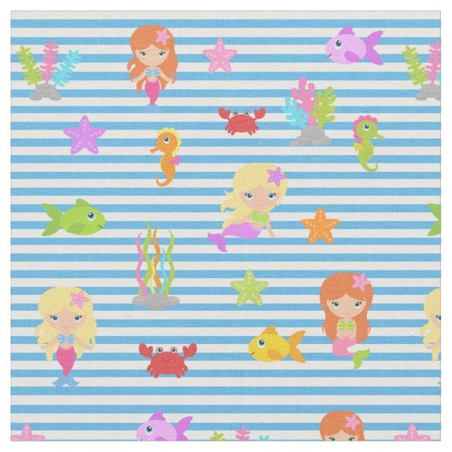 Mermaid Under The Sea on blue and white striped Fabric (Close Up)