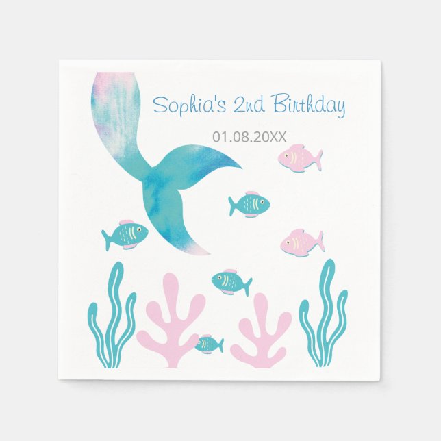Mermaid Under the Sea Pastel Pink Blue Birthday  Napkins (Front)