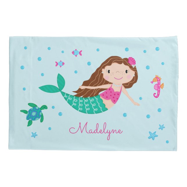 Mermaid Under The Sea Personalized Blue Pillow Case (Back)