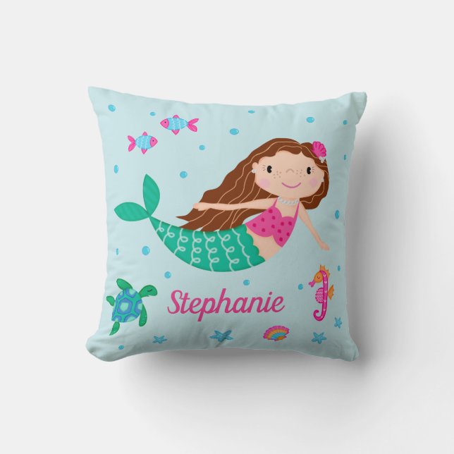 Mermaid Under The Sea Personalized Blue Throw Pillow (Front)