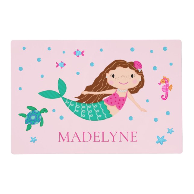 Mermaid Under The Sea Personalized Pink Placemat (Front)