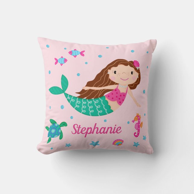 Mermaid Under The Sea Personalized Pink Throw Pillow (Front)