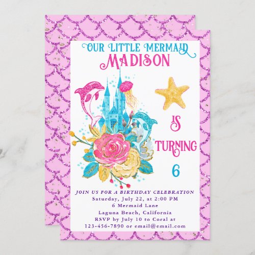 Mermaid Under the Sea Pink Glitter Birthday Party Invitation