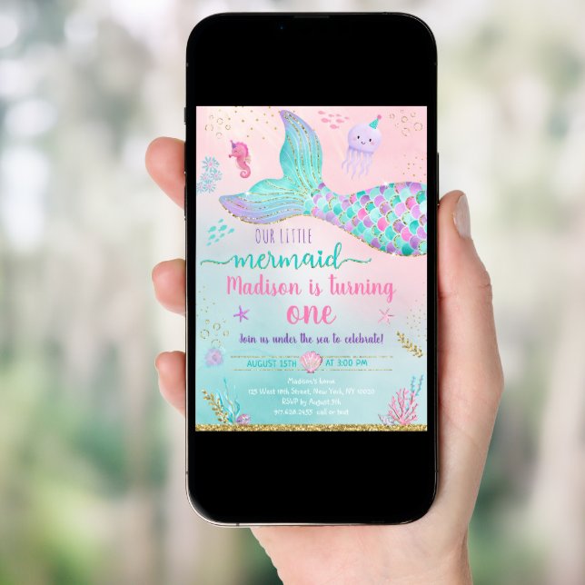 Mermaid Under The Sea Pink Gold Birthday Invitation (Front Digital)