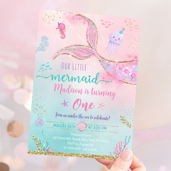 Mermaid Under The Sea Pink Gold Birthday Invitation by LittlePrintsParties at Zazzle
