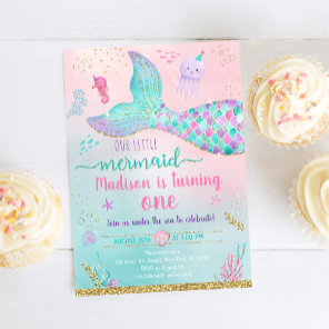 Mermaid Under The Sea Pink Gold Birthday Invitation