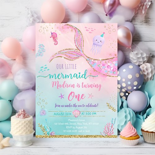 Mermaid Under The Sea Pink Gold Birthday Invitation