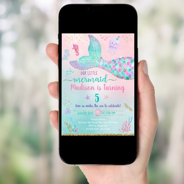 Mermaid Under The Sea Pink Gold Birthday Invitation (Front Digital)