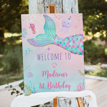 Mermaid Under The Sea Pink Gold Birthday Welcome Foam Board by LittlePrintsParties at Zazzle