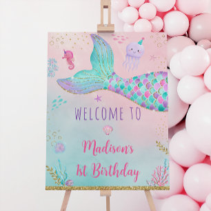 Mermaid Under The Sea Pink Gold Birthday Welcome Foam Board