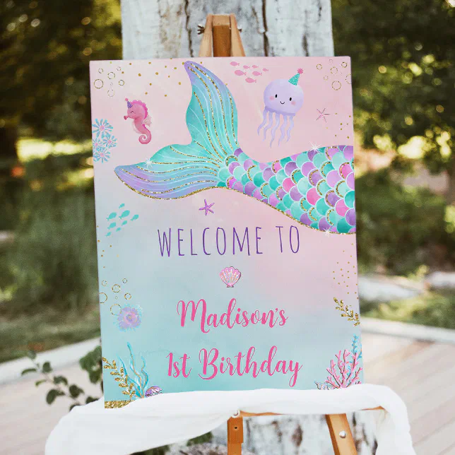 Mermaid Under The Sea Pink Gold Birthday Welcome Foam Board

