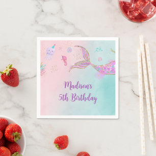 Mermaid Under the Sea Pink Purple Birthday Napkins