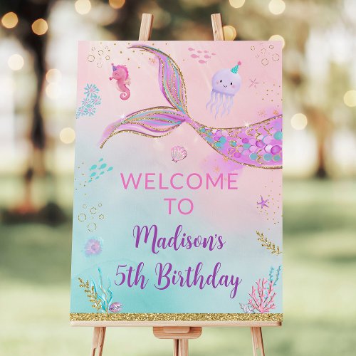 Mermaid Under The Sea Pink Purple Birthday Welcome Foam Board