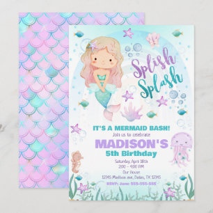 Mermaid Under the Sea Pool Party Birthday  Invitation