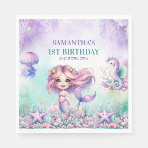 Mermaid Under the Sea purple and teal 1st birthday Napkins