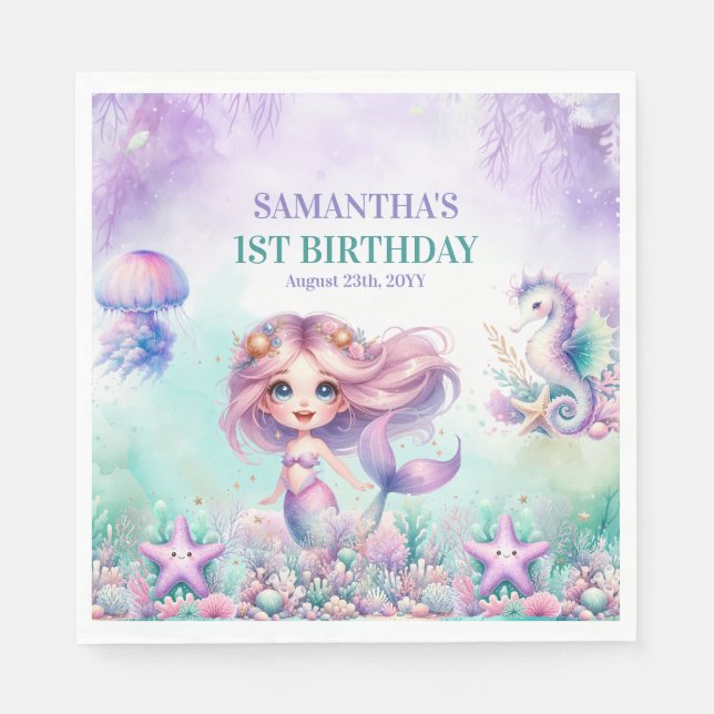 Mermaid Under the Sea purple and teal 1st birthday Napkins (Front)