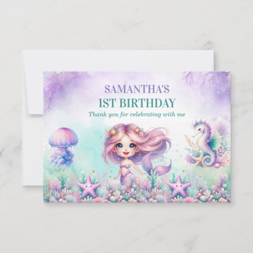 Mermaid Under the Sea purple and teal 1st birthday Thank You Card