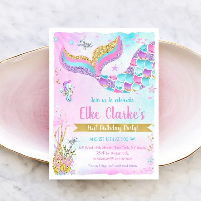 Mermaid Under the Sea Rainbow Girl Birthday Invitation (Creator Uploaded)