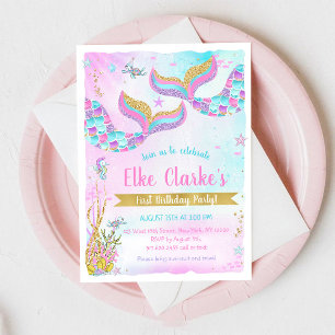 Mermaid Under the Sea Rainbow Girl Birthday  Invitation