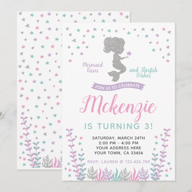 Mermaid, Under the Sea, Silver and Purple Invitation (Front/Back)