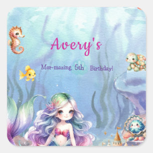 Mermaid Under The Sea Splash Birthday  Welcome  Square Sticker