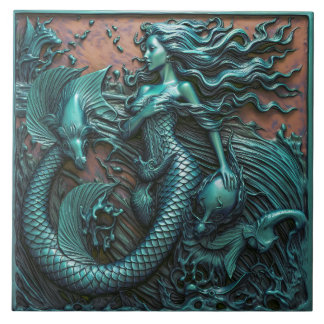 Mermaid Under The Sea Teal 3D Effect Marine Ceramic Tile