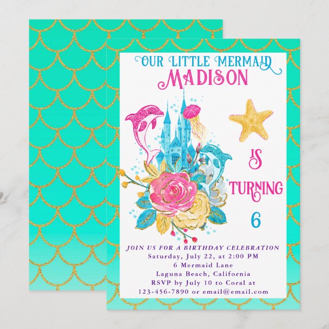 Mermaid Under the Sea Turquoise and Gold Birthday Invitation (Front/Back)