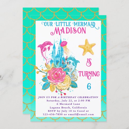 Mermaid Under the Sea Turquoise and Gold Birthday Invitation