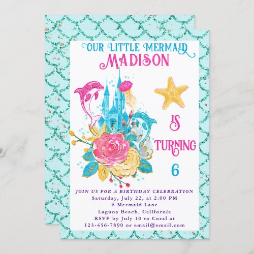 Mermaid Under the Sea Turquoise Glitter Birthday Invitation
