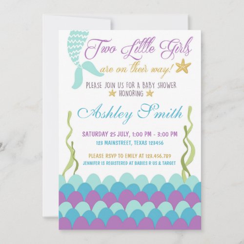 Mermaid Under The Sea Twins Baby Shower Invitation