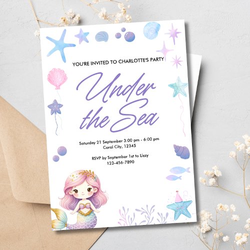 Mermaid Under The Sea Watercolor Birthday Party Invitation