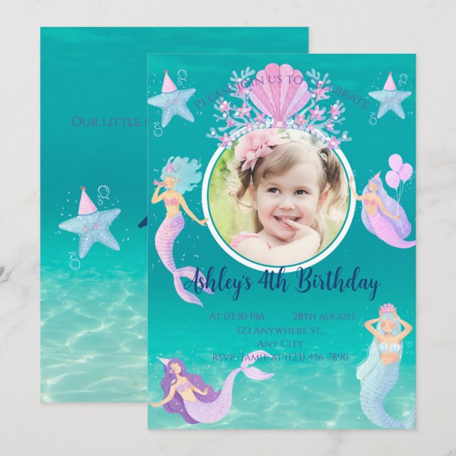 Mermaid under the sea watercolor ocean kids party invitation (Front/Back)